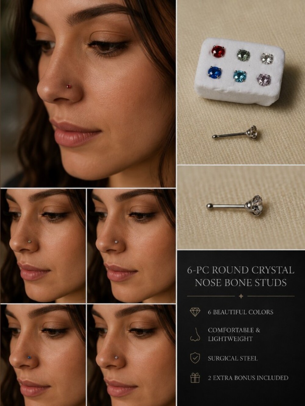 6-Pc Round Crystal Nose Bone Studs, 2 Extra Bonus Included.